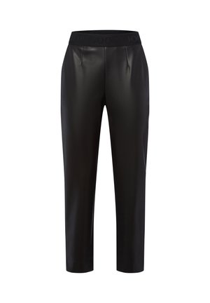 Schwarze Kunstleder-Slim-Fit-Hose mit elastischem Bund, dezenter Logodetail, vorderen Falten und geraden Beinen.