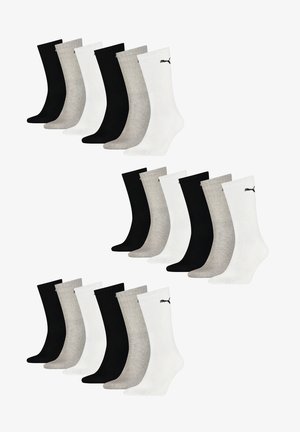 Schwarze, weiße und graue Crew-Socken mit Rippstruktur. Jede Socke hat ein kleines Logo am Knöchel. Zwei Sets mit je sechs Paaren.