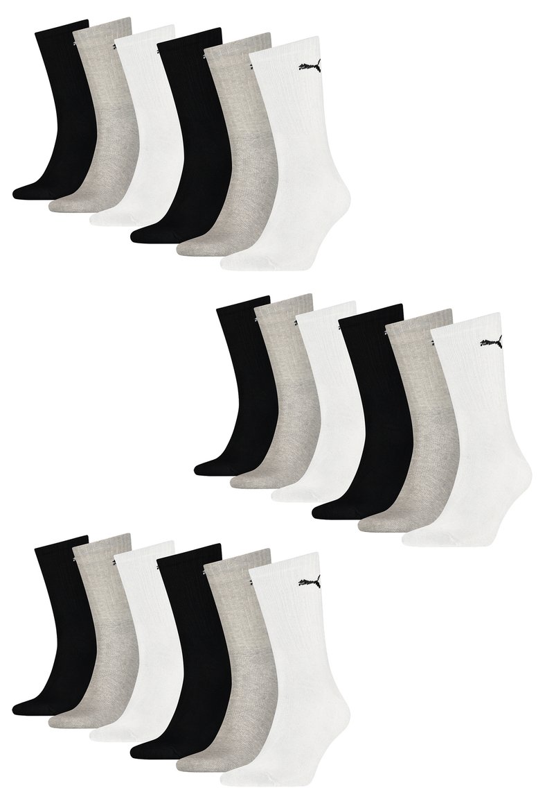 Schwarze, weiße und graue Crew-Socken mit Rippstruktur. Jede Socke hat ein kleines Logo am Knöchel. Zwei Sets mit je sechs Paaren.