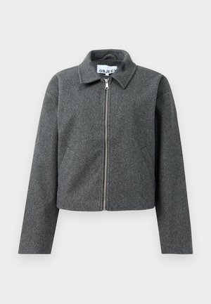 Graue, taillierte Jacke aus strukturiertem Material. Verfügt über einen Reißverschluss vorne, einen spitzen Kragen und seitliche Taschen. Schlichtes Design, ohne Muster.