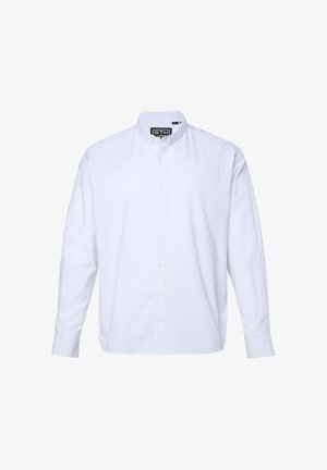 Chemise blanche à manches longues avec col montant et poignets boutonnés, vue de face sur fond blanc.