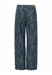 Jeans de pierna ancha en denim oscuro con un patrón de rayas de cebra en gris claro. Diseñados con dos bolsillos traseros y un parche de piel con la marca.