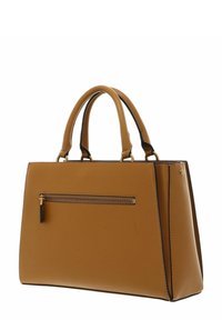 Borsa a mano in pelle marrone con due manici corti e una tasca esterna con zipper. Presenta una forma strutturata e bordi neri a contrasto.