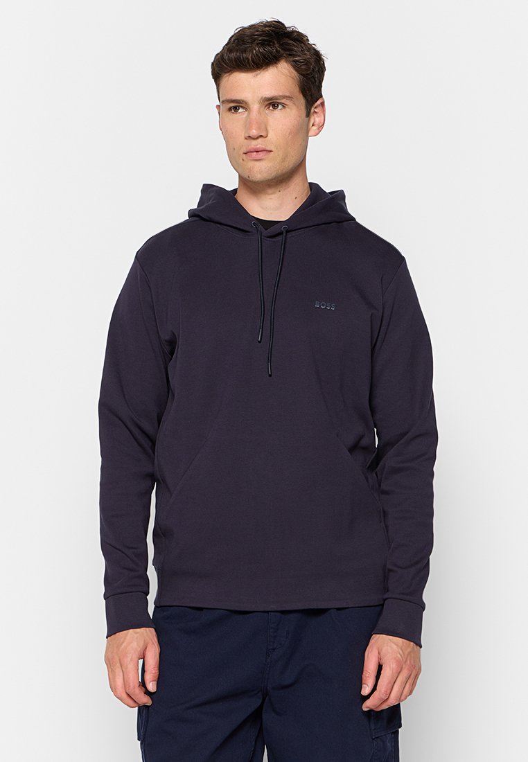 Hoodie bleu marine en mélange de coton, avec une poche avant, une capuche à cordon et un petit logo en relief sur la poitrine.
