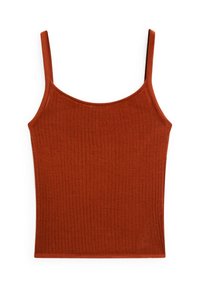 Gestreifter Tanktop in einem warmen orange-braun Ton. Besitzt dünne Träger und eine figurbetonte Silhouette, gefertigt aus einem weichen, dehnbaren Material.