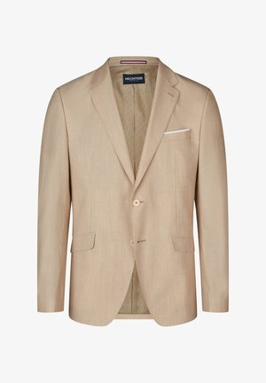 Beige blazer met een gladde textuur, twee voorkezen, twee knopen en een pochet. Het interieur heeft een gemusterd voering.