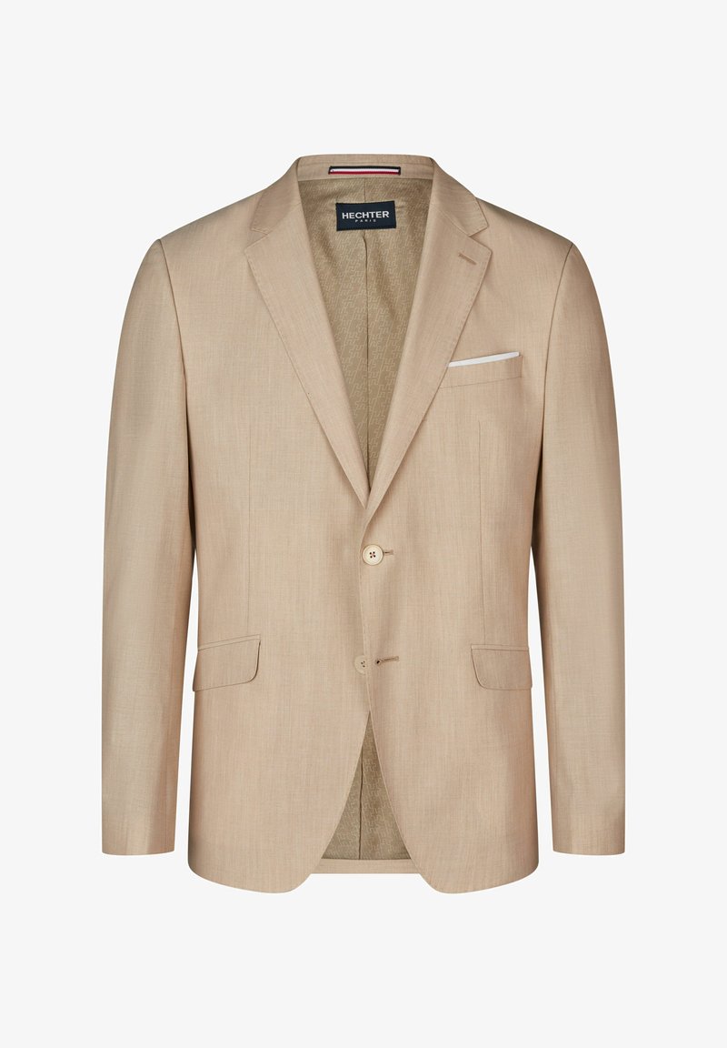 Beige blazer met een gladde textuur, twee voorkezen, twee knopen en een pochet. Het interieur heeft een gemusterd voering.