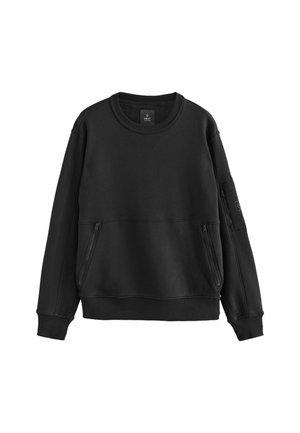 Schwarzer Pullover mit Rundhalsausschnitt, langen Ärmeln, einer vorderen Reißverschlusstasche und gerippten Bündchen. Aus glattem, strukturiertem Stoff gefertigt.