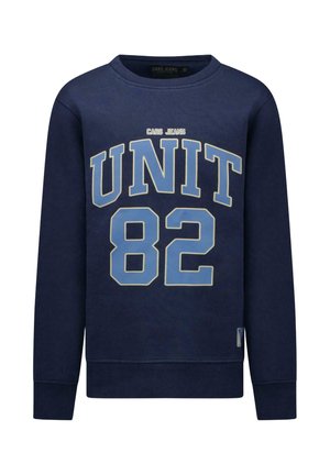 Marineblauwe sweatshirt met lange mouwen, geribde manchetten en zoom, met lichtblauwe tekst "UNIT 82" en "CARS JEANS" logo aan de voorkant.