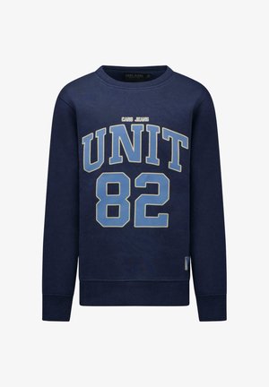 Marineblauwe sweatshirt met lange mouwen, geribde manchetten en zoom, met lichtblauwe tekst "UNIT 82" en "CARS JEANS" logo aan de voorkant.