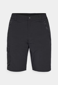 Schwarze Cargo-Shorts mit einer Reißverschlusstasche, elastischem Bund und seitlichen Akzenten. Hergestellt aus leichtem, strapazierfähigem Material.