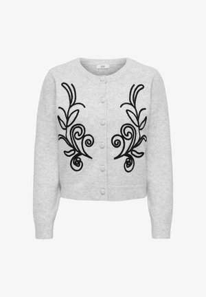 Cardigan gris avec motif floral brodé noir, col rond et fermeture à boutons, doté d'une texture douce et de poignets côtelés.