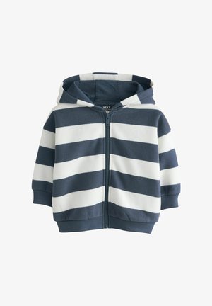 Hættetrøje med lynlås i navy og hvide vandrette striber, lavet af bomuld, med ribstrikkede manchetter og kant samt lynlås foran.