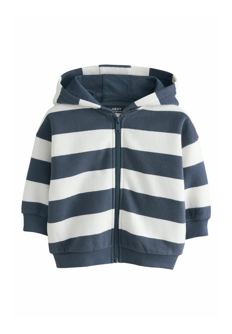 Mikina s kapucňou a zipsom, ktorá má námornícke modré a biele horizontálne pruhy, vyrobená z bavlny, s rebrovanými manžetami a lemom, so zipsom vpredu.
