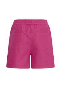 Shorts décontractés rose vif avec ceinture élastique et deux poches plaquées à l'arrière, vus de dos sur fond blanc.