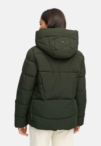 Green puffer jacket with a large hood, quilted texture, and a logo detail on the back. Features a slightly fitted silhouette and long sleeves.