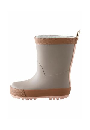 Mittelhoher beiger Gummiregenstiefel mit strukturierter brauner Sohle, brauner Einfassung oben und Zuglasche hinten.