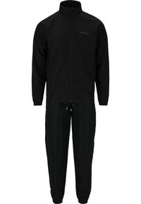 Svart träningsdräkt med en zip-up jacka med ställbar krage och elastiska muddar, kompletterad med matchande byxor med elastisk midja.