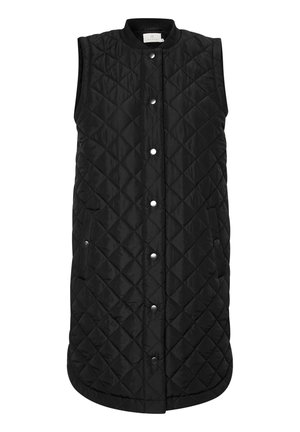Longue veste noire matelassée sans manches avec boutons-pression et col rond, avec poches latérales et motif de couture en forme de losange.
