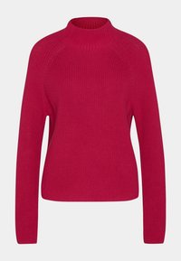 Sweter dziany w jaskrawym różu z wysokim dekoltem, długimi rękawami i prążkowaną fakturą. Charakteryzuje się luźnym krojem i konstrukcją rękawów raglan.