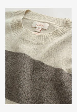 Light beige and grey striped sweater made of 100% merino wool. Features a ribbed crew neck and soft, textured fabric. Size M label visible.
