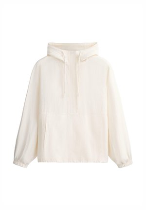 Ekrü pulóver kapucnis pulóver elülső kenguruzsebbel, húzózsinóros kapucnival, hosszú ujjakkal és elasztikus mandzsettákkal, fehér háttéren.