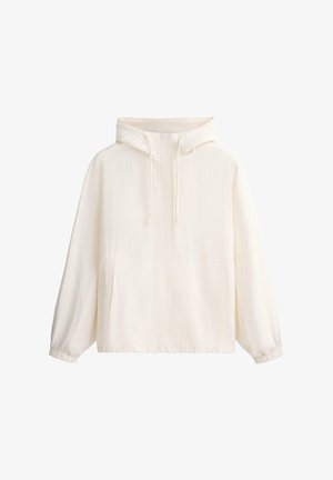 Ekrü pulóver kapucnis pulóver elülső kenguruzsebbel, húzózsinóros kapucnival, hosszú ujjakkal és elasztikus mandzsettákkal, fehér háttéren.