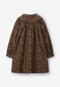 Robe à imprimé léopard en marron et moutarde avec un col à volants, des manches longues et une taille froncée. Tissu texturé avec une silhouette ample.