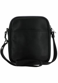 Borsa a tracolla in pelle nera con texture liscia, forma rettangolare e tracolla regolabile; dispone di una tasca frontale e chiusura con zip.