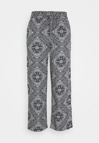 Párové kalhoty se širokými nohavicemi v námořnické a krémové barvě s květinovými motivy a elastickým pasem pro nastavitelnou velikost.