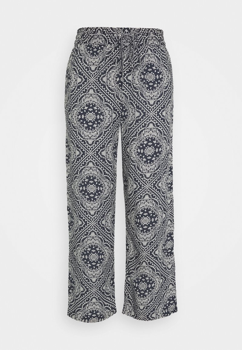 Párové kalhoty se širokými nohavicemi v námořnické a krémové barvě s květinovými motivy a elastickým pasem pro nastavitelnou velikost.