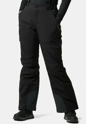 Black insulated snow pants with adjustable straps, zippered pockets, flared legs, and reinforced lower panels for durability.