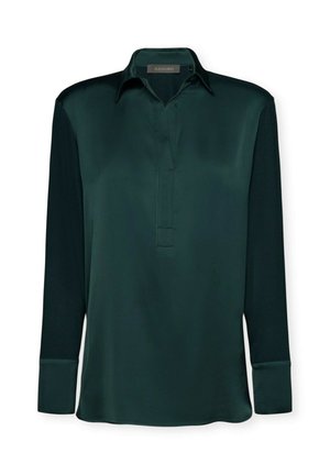 Camicia verde scuro con colletto, maniche lunghe e mezza abbottonatura. Realizzata in un materiale liscio simile al raso con una finitura lucida.