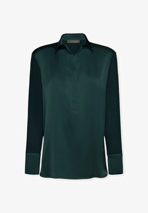 Tumma vihreä paita, jossa on kaulus, pitkät hihat ja puolipainike. Valmistettu sileästä satiinimaisesta materiaalista, jossa on kiiltävä pinta.