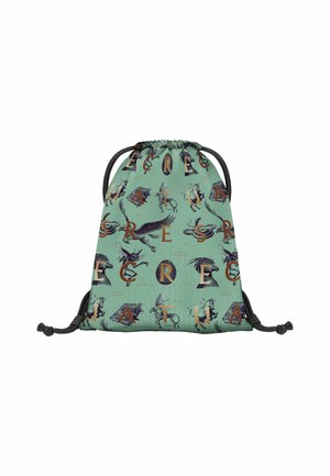 Mint green drawstring bag featuring dark illustrations of mythical creatures and letters, with black drawstrings and a textured surface.