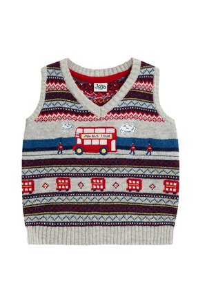 Strickweste für Kinder mit Motiven von einem roten Doppeldeckerbus und einem Wächter, bunten Mustern und einem V-Ausschnitt.