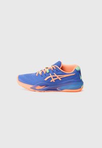 Blue athletic shoe with orange accents, textured upper, reinforced toe, and rubber sole featuring a unique tread pattern.