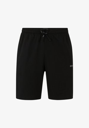 Zwarte shorts van zacht materiaal, met een elastische tailleband en een trekkoord, en een klein logo geborduurd aan de zijkant.