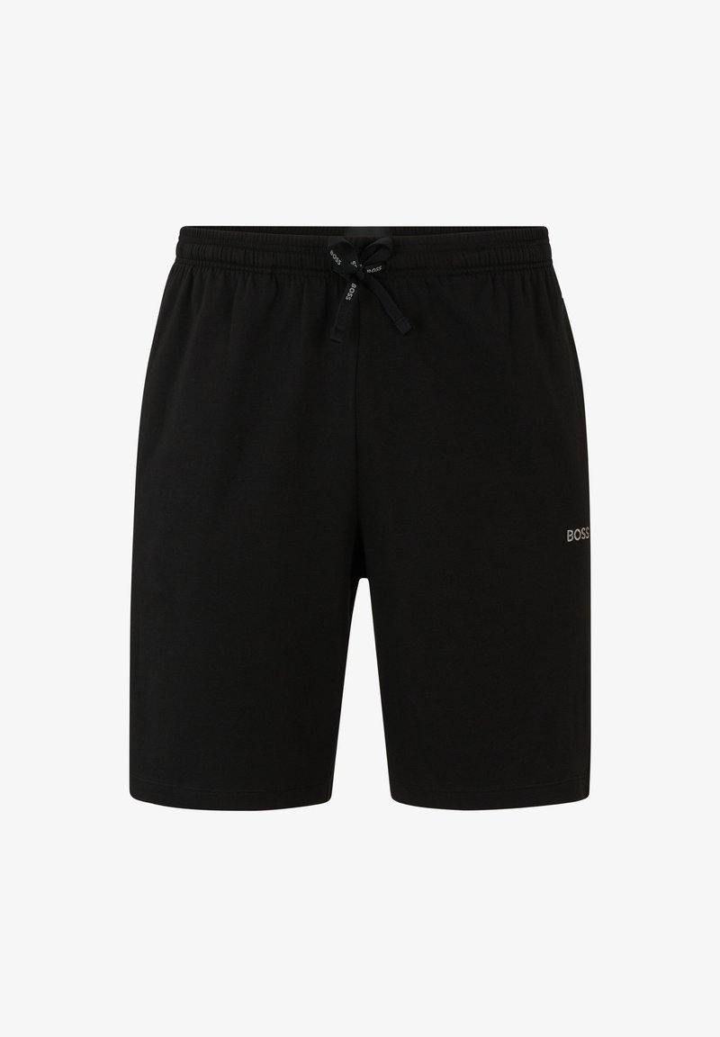 Zwarte shorts van zacht materiaal, met een elastische tailleband en een trekkoord, en een klein logo geborduurd aan de zijkant.