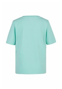 Licht mintgroene T-shirt met korte mouwen en ronde hals, gemaakt van zachte stof; heeft een rechte zoom en een ontspannen pasvorm zonder versieringen.