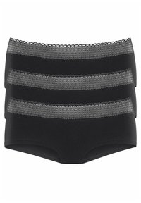 Ensemble de sous-vêtements en coton noir avec des bordures en dentelle, comprenant trois paires. Chaque paire présente une ceinture décorative contrastante avec un motif géométrique.