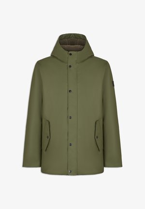 Olivgrüne, isolierte Jacke mit Kapuze, ausgestattet mit einem Reißverschluss, Druckknöpfen und seitlichen Taschen. Strukturierte Innenschicht für zusätzliche Wärme.