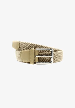 Cintura intrecciata beige con un motivo textured, dettagli in pelle e una fibbia rettangolare argento. Finitura liscia e lunghezza regolabile.