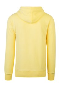 Gelbe Kapuzenjacke mit weicher Textur, ausgestattet mit einer Kordelzugkapuze, langen Ärmeln und gerippten Säumen und Bündchen. Minimalistisches Design ohne Muster.