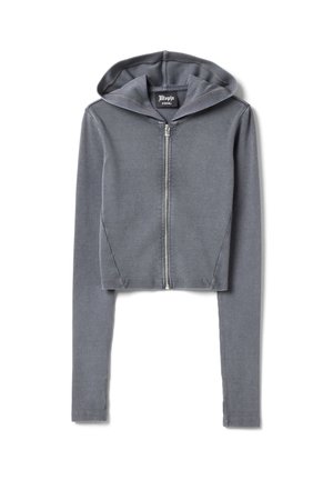 Grijze geribbelde cropped hoodie met lange mouwen en rits aan de voorkant, maat extra small, plat gelegd op een witte achtergrond.