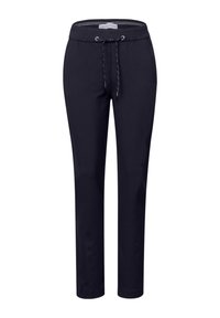Marineblauwe, elastische broek met een trekkoordsluiting. Gemaakt van een glad, rekbaar materiaal, met taps toelopende pijpen en zonder zichtbare zakken.