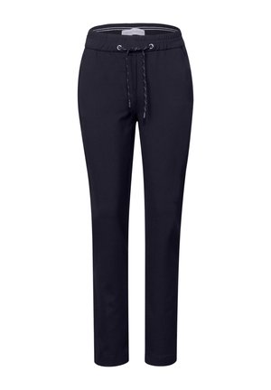 Pantalons bleu marine à taille élastique avec fermeture à cordon. Fabriqués dans un matériau lisse et extensible, avec des jambes fuselées et sans poches visibles.