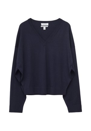 Marineblå langærmet V-hals trøje med ribbede manchetter og kant, vist fladt mod en hvid baggrund.