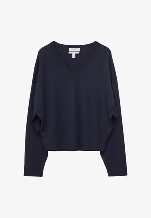 Pull bleu marine à manches longues avec encolure en V, poignets et ourlet côtelés, présenté à plat sur un fond blanc.