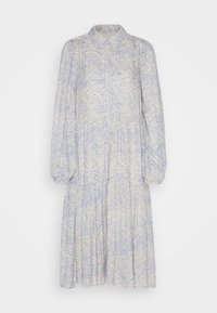 Abito leggero a maniche lunghe con collo alto. Presenta un motivo a zig zag blu e bianco, polsini elasticizzati e orlo a strati.